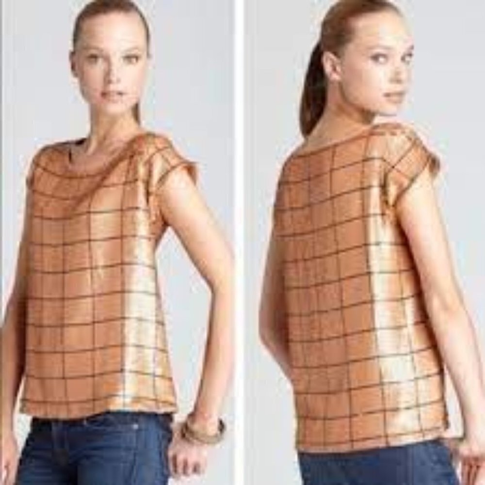 Joie “Elan” Rose Gold and Black Sequins Windowpane Plaid Short Sleeve SilK Tee